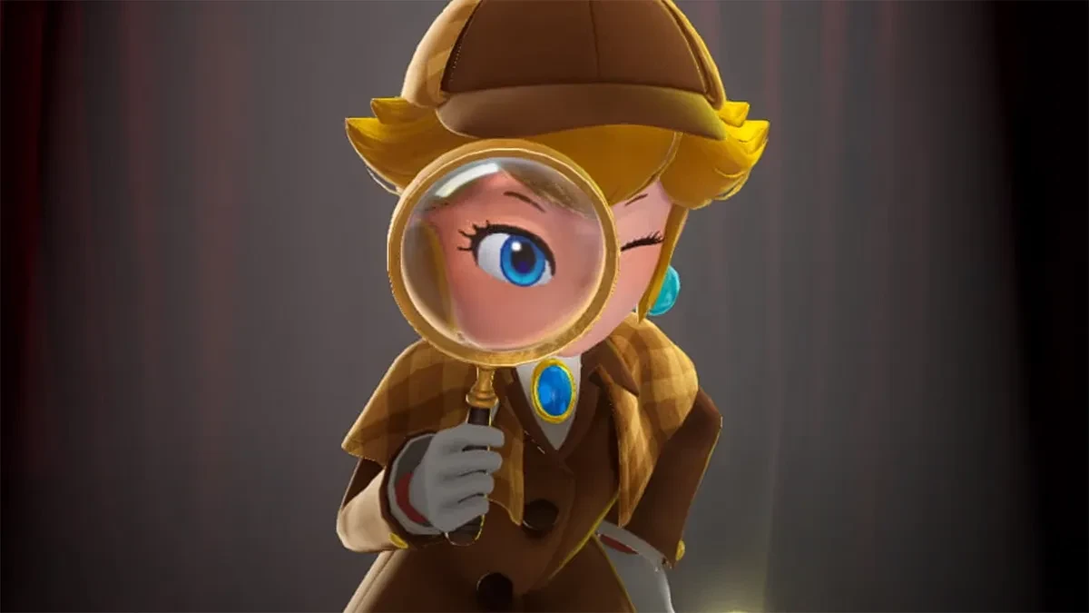 Peach en détective, casquette à carreaux, observe à travers une loupe
