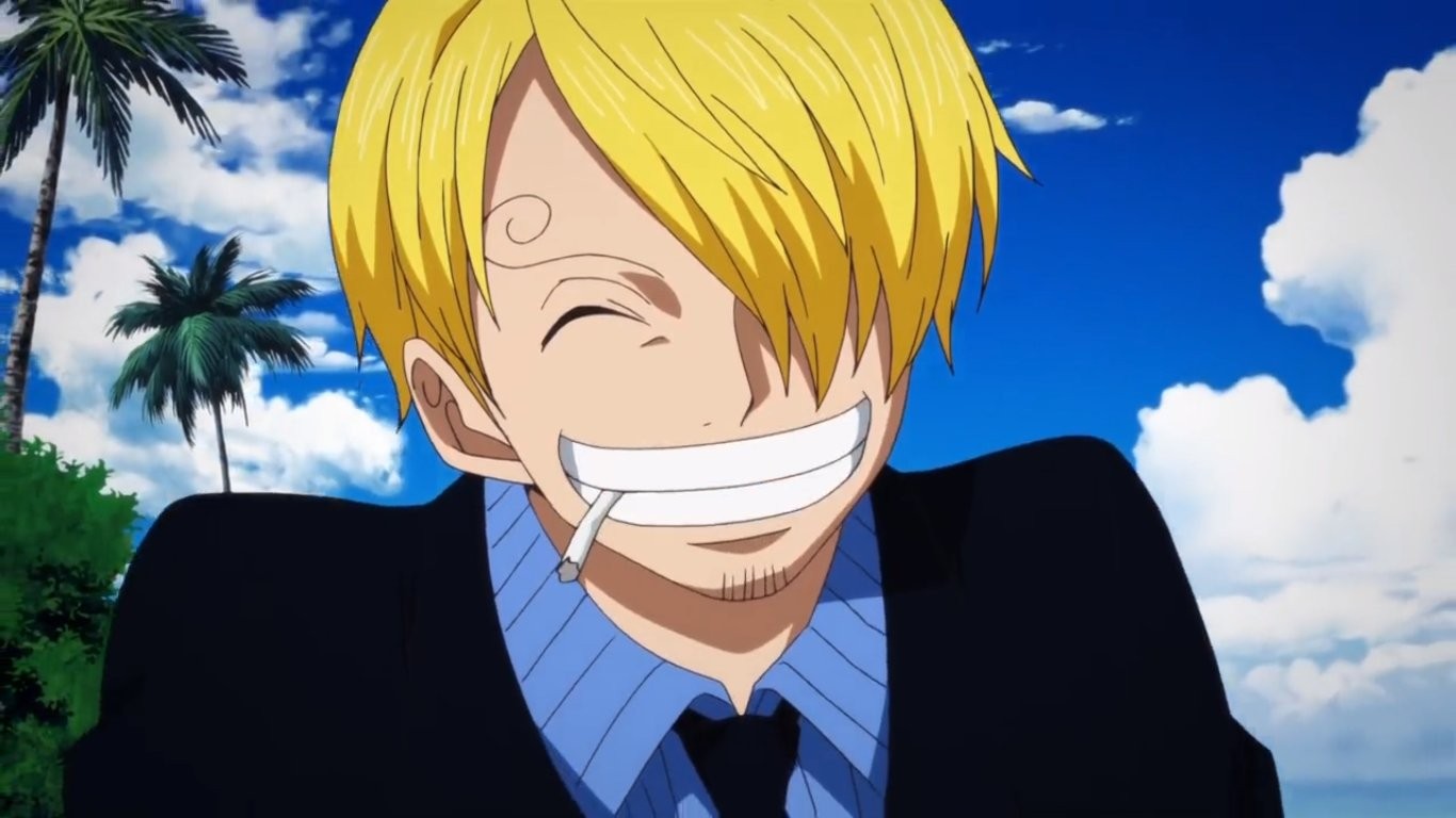 Sanji, cigarette aux lèvres, sourit sous un ciel bleu dans l’anime One Piece