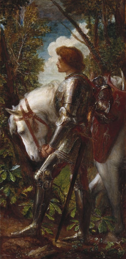 Sir Galahad de George Frederic Watts&nbsp;: un chevalier en armure près de son cheval blanc, dans une forêt