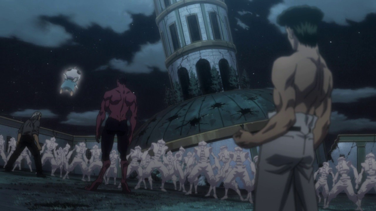 Capture de Hunter x Hunter&nbsp;: Morau et Knuckle face à Youpi devant le palais, entourés de soldats de fumée