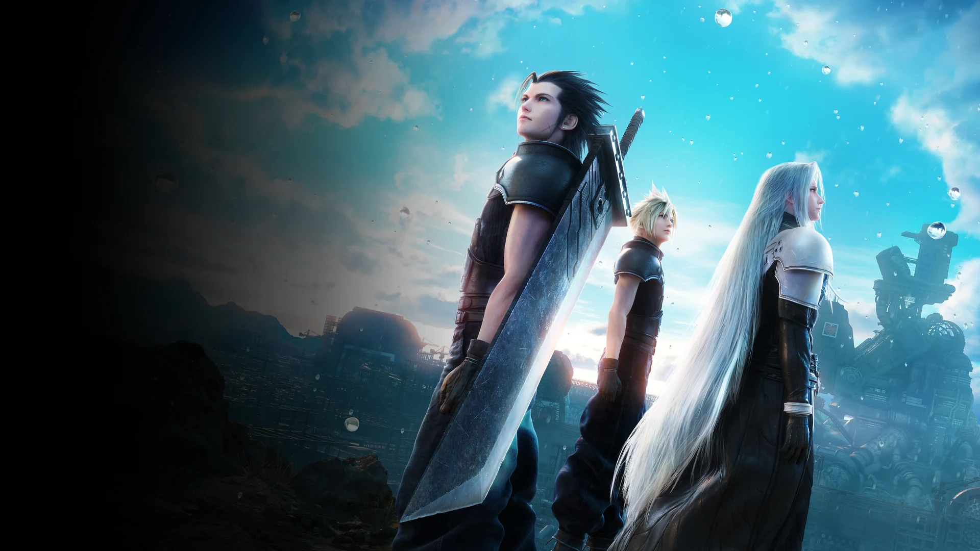 Zack, Cloud et Sephiroth face au ciel sur le visuel de Crisis Core Final Fantasy VII Reunion