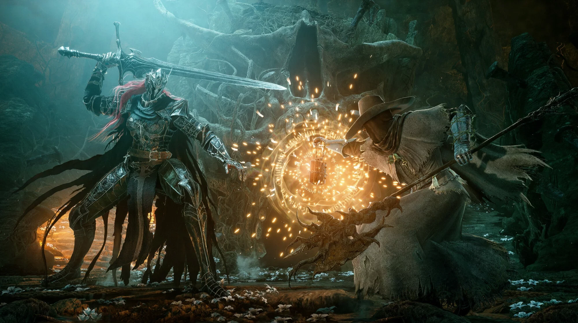 Chevalier en armure à l’épée levée face à un porteur de lanterne magique dans Lords of the Fallen