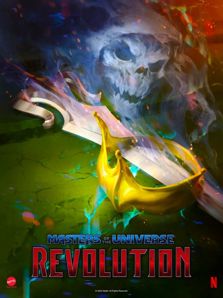 Affiche de Masters of the Universe&nbsp;: Revolution&nbsp;: une épée posée au sol sous un crâne de fumée