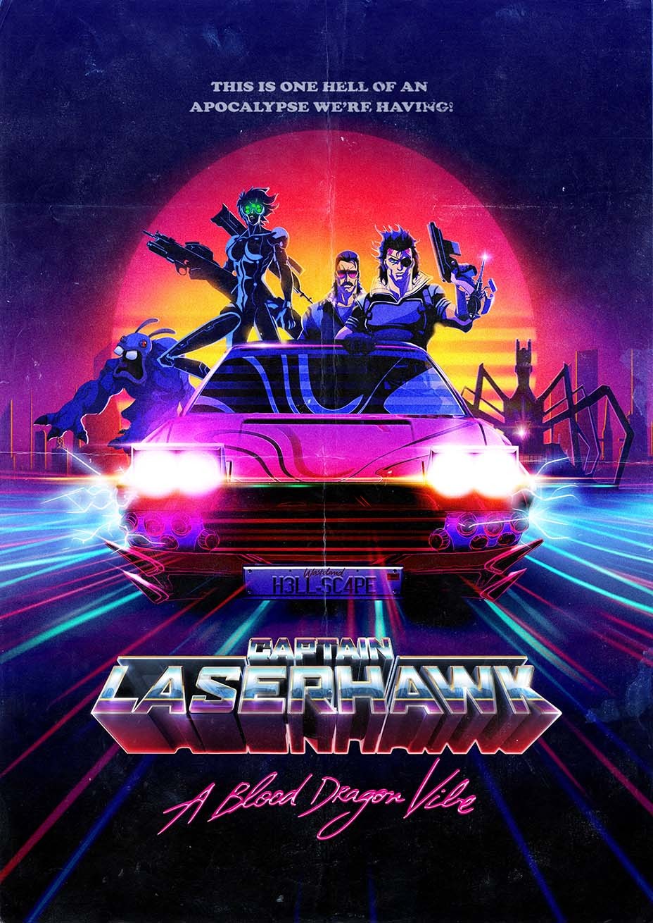 Affiche de Captain Laserhawk&nbsp;: quatre personnages armés autour d’une voiture rose aux phares allumés