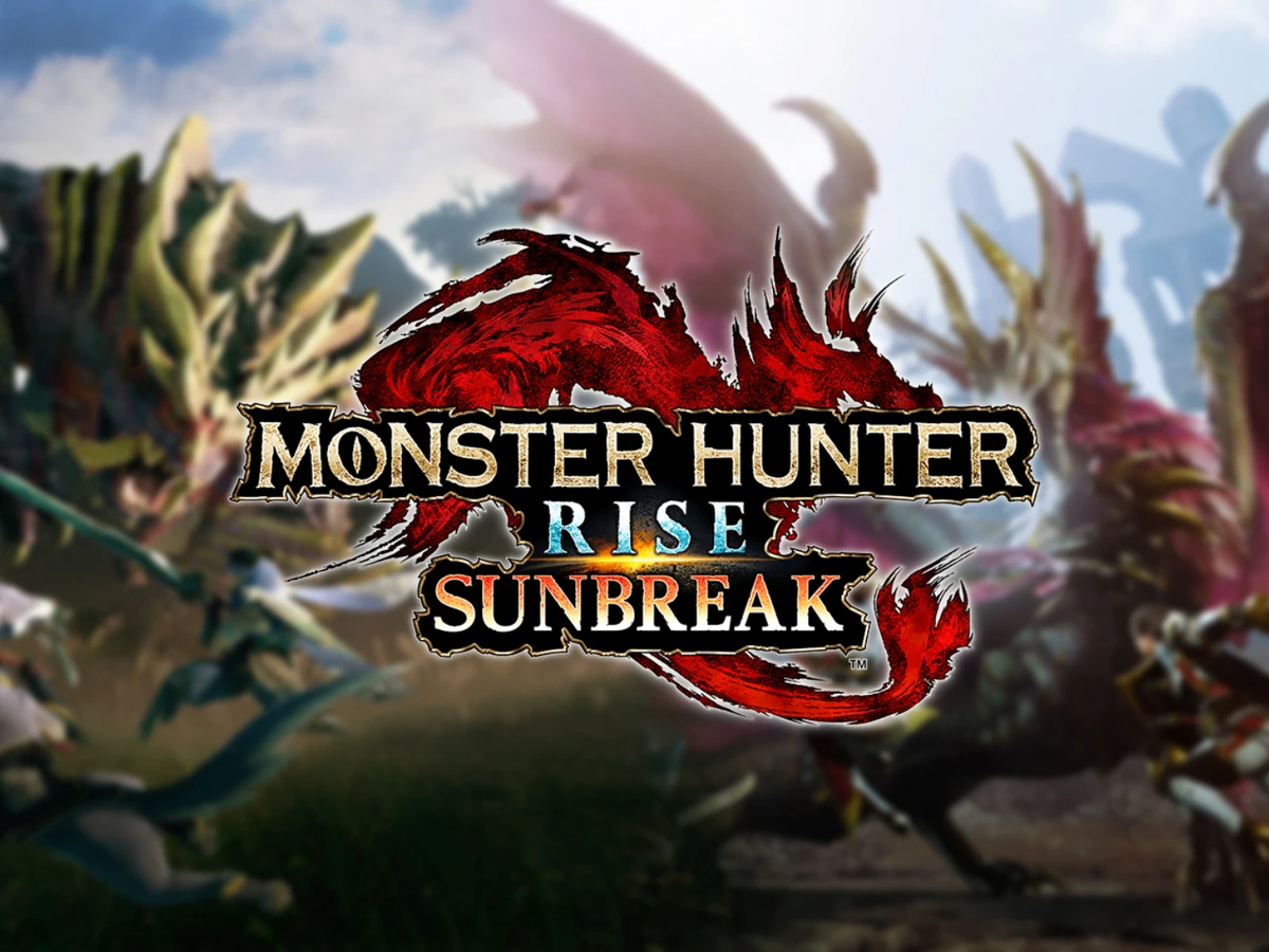 Logo de Monster Hunter Rise: Sunbreak sur fond flouté de monstres et de chasseurs
