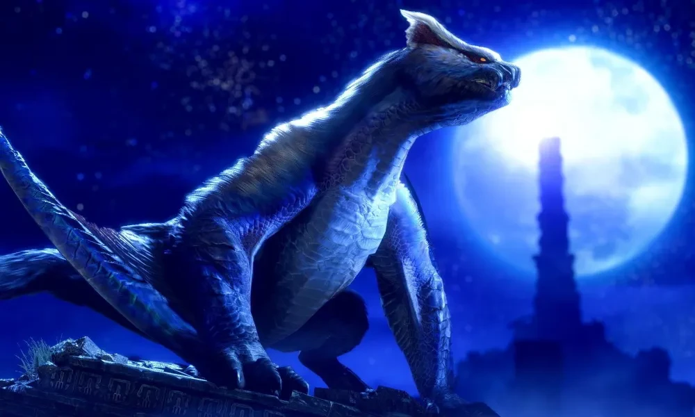 Monstre écailleux de Monster Hunter Rise: Sunbreak perché sur des ruines, sous la pleine lune