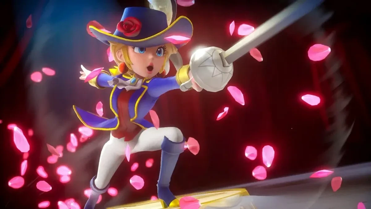 Peach en mousquetaire, épée tendue, au milieu de pétales de rose