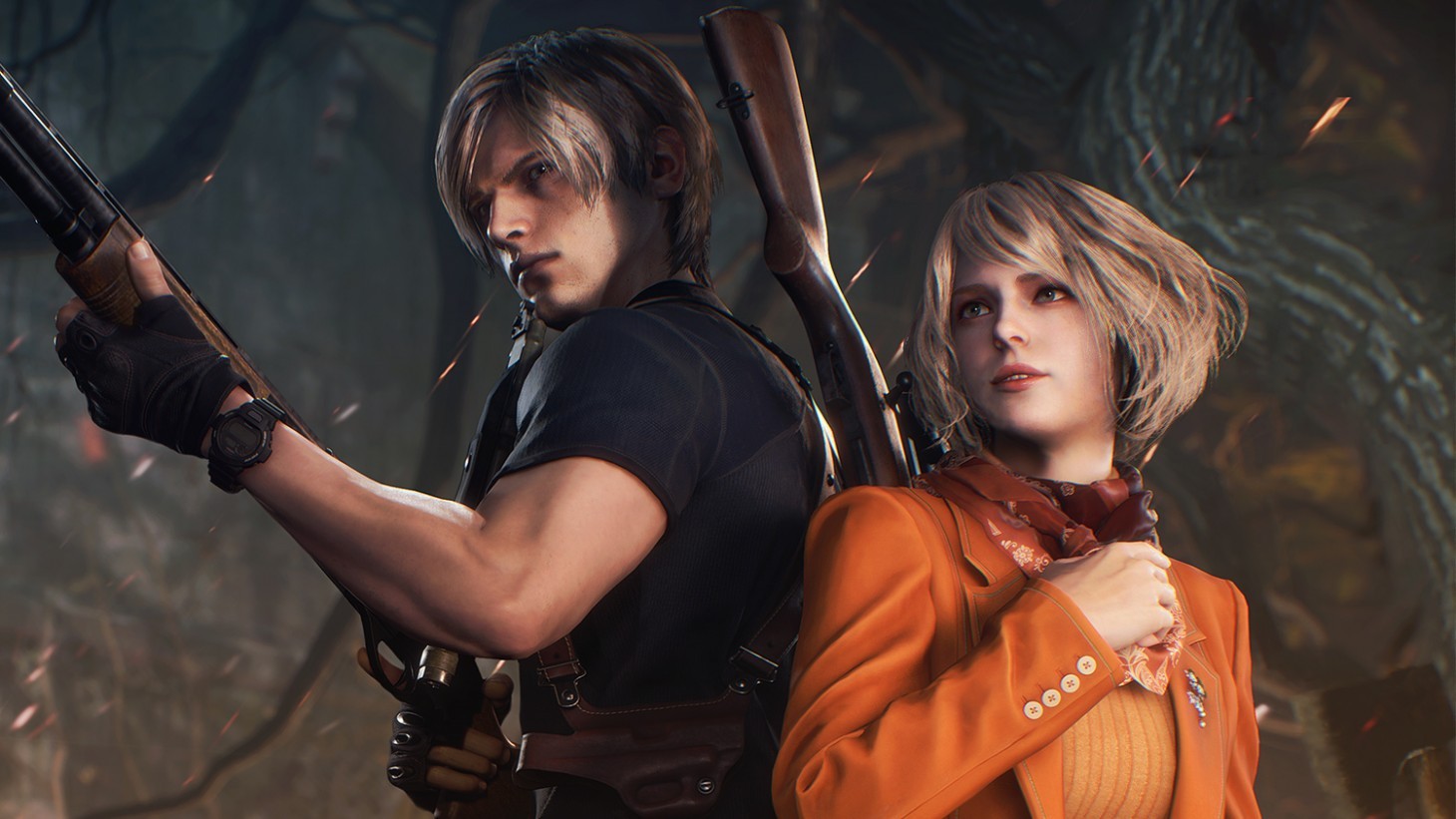 Leon, fusil à pompe en main, et Ashley en veste orange dans le remake de Resident Evil 4
