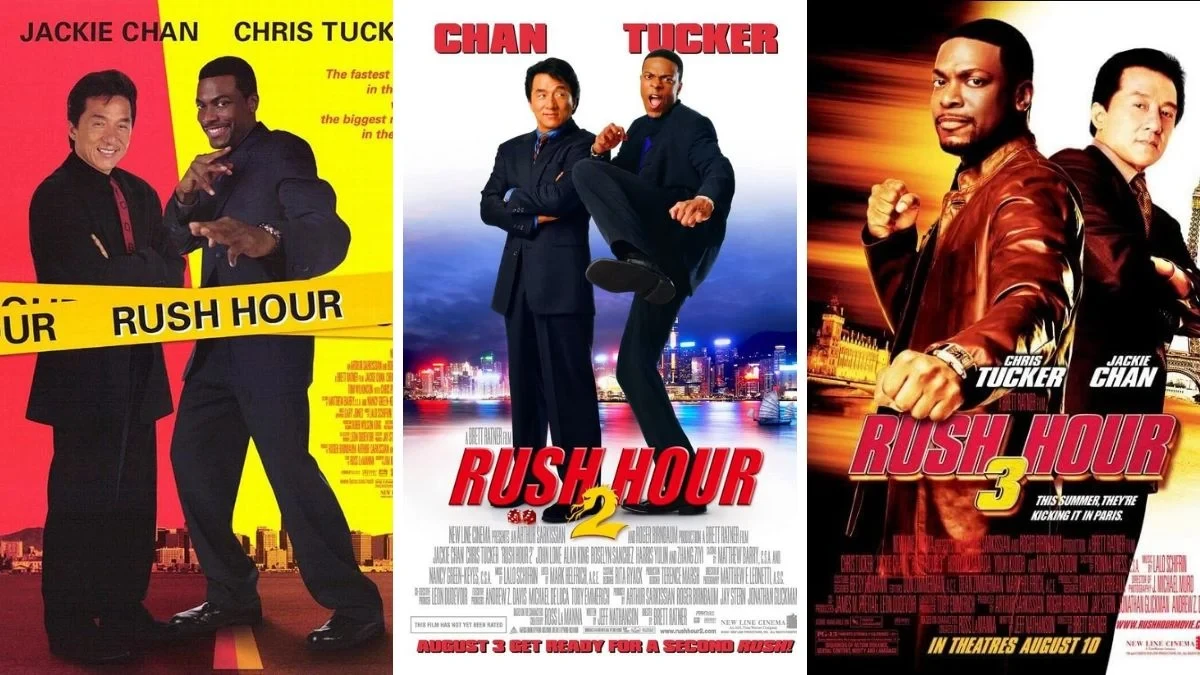 Affiches des trois films Rush Hour côte à côte, avec Jackie Chan et Chris Tucker