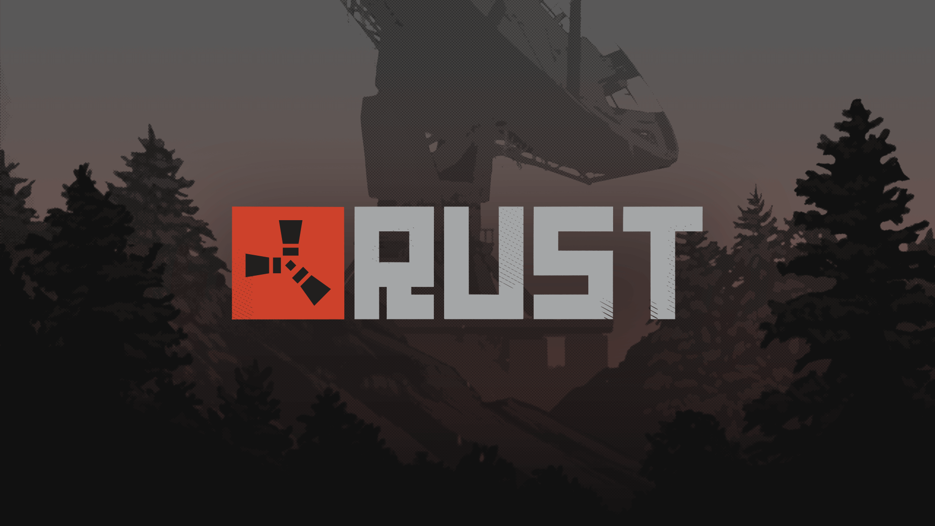 Logo de Rust sur fond de forêt de sapins et de bâtiment en ruine