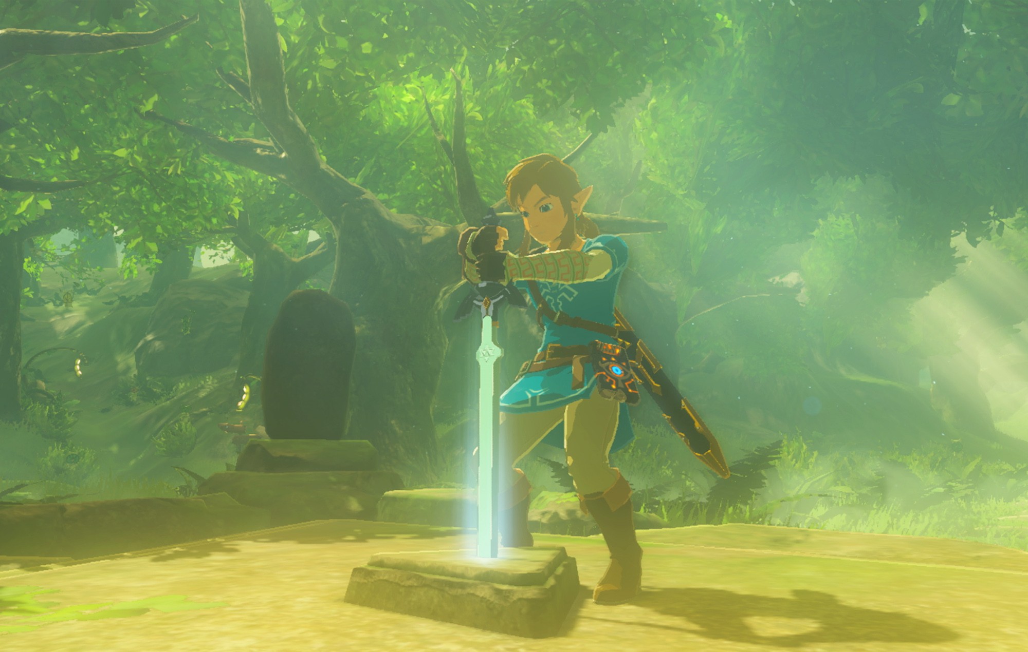 Link retire la Master Sword de son socle dans la forêt