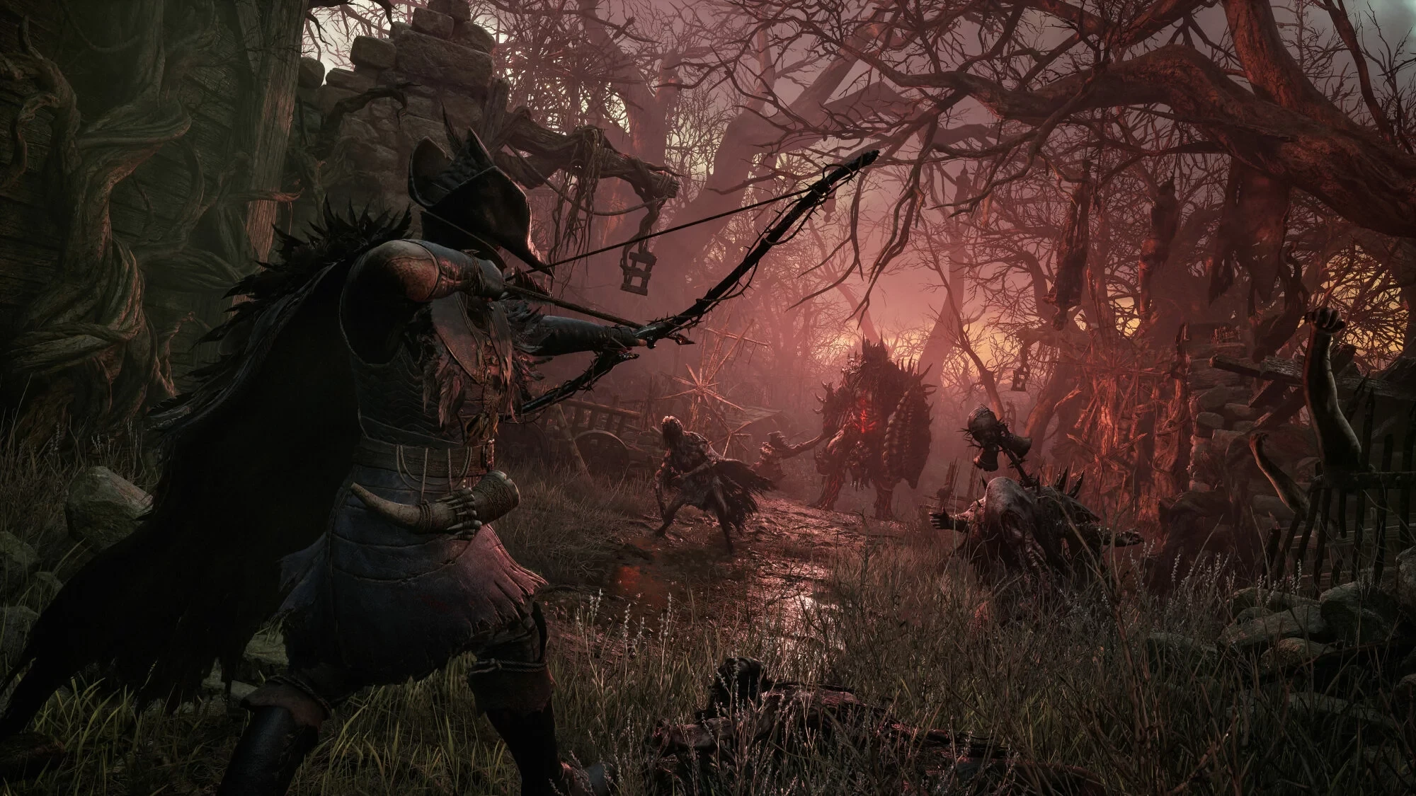 Archer encapuchonné visant des monstres dans une forêt rougeoyante de Lords of the Fallen