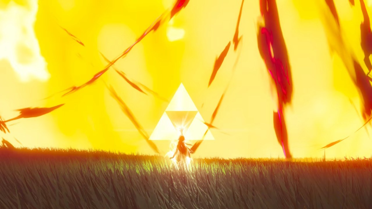 Zelda devant une Triforce lumineuse, au milieu d’une lumière dorée