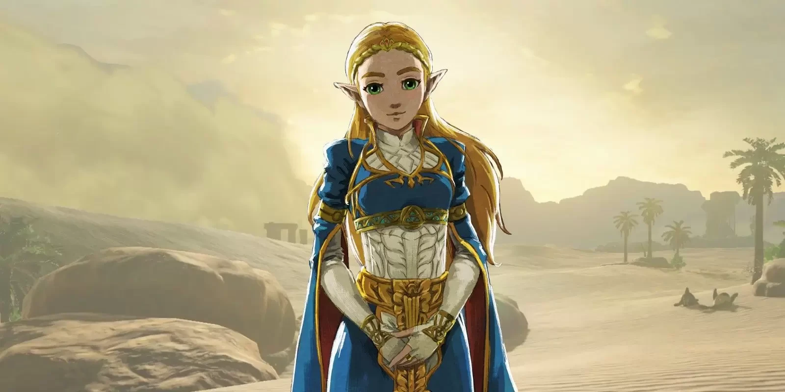 La princesse Zelda en tenue royale bleue, dans un paysage désertique