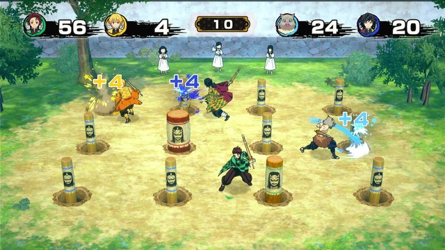Mini-jeu où Tanjiro, Zenitsu, Inosuke et Giyu frappent des poteaux pour marquer des points