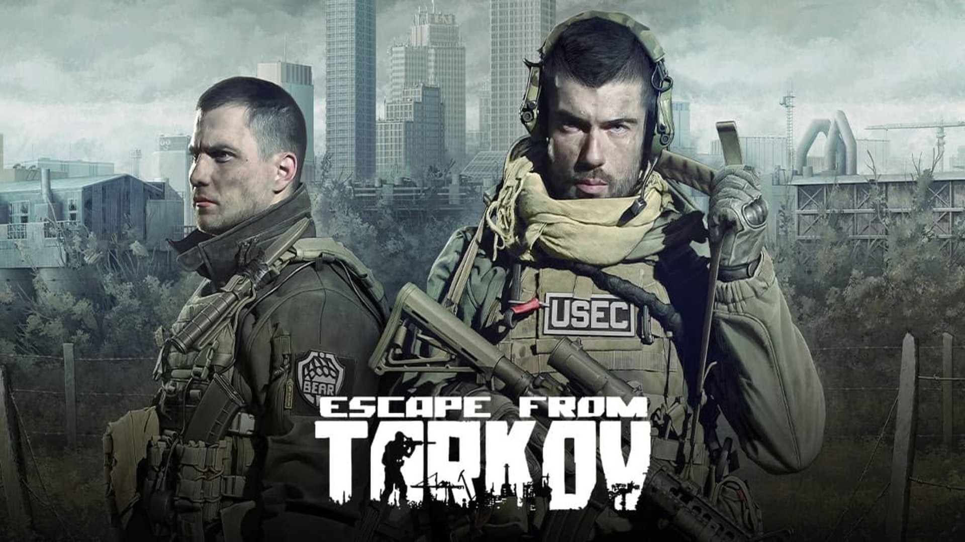 Affiche d’Escape From Tarkov&nbsp;: deux soldats en tenue de combat devant une ville en ruine