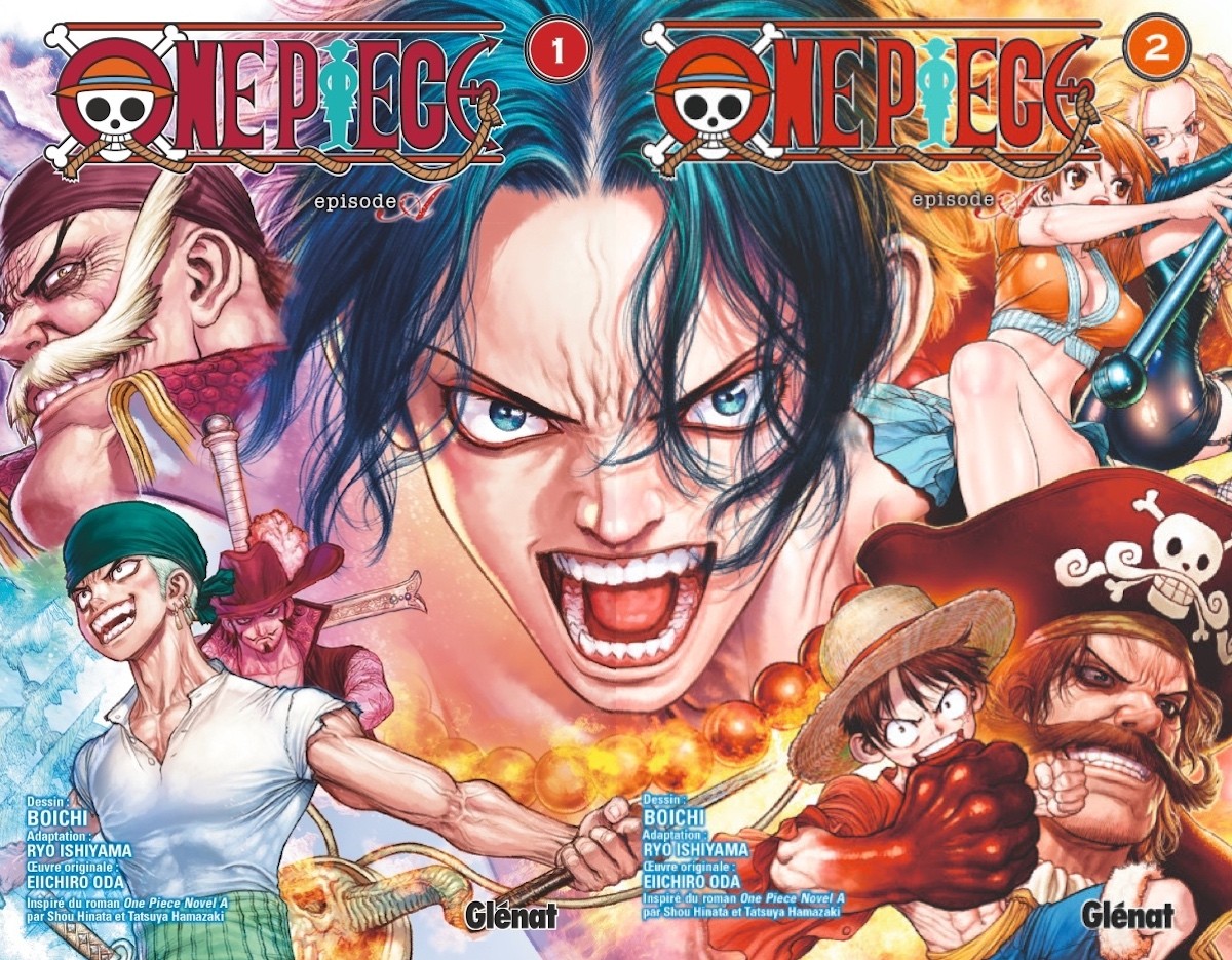Couvertures des tomes 1 et 2 de One Piece Episode A chez Glénat, dessinées par Boichi, avec Ace au centre