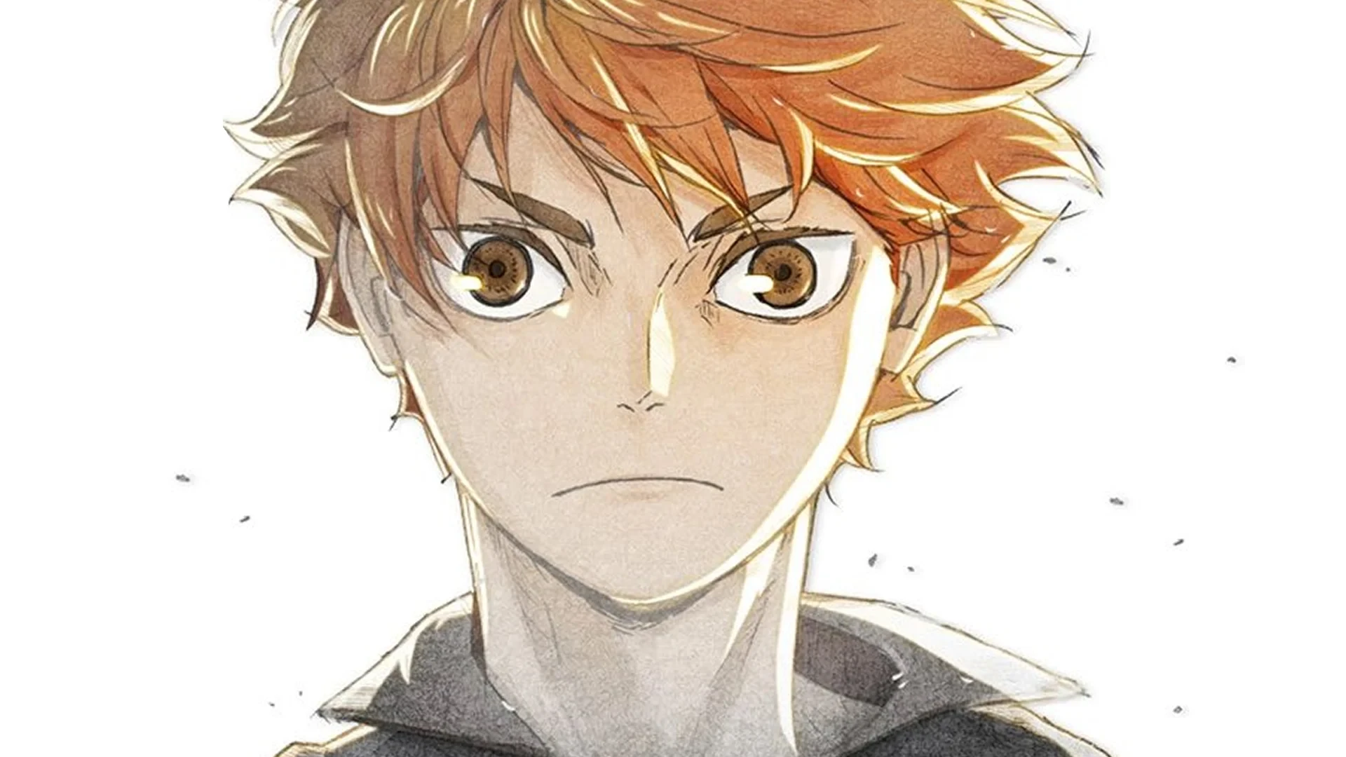 Portrait de Shôyô Hinata à l’aquarelle, sourcils froncés, fixant le lecteur