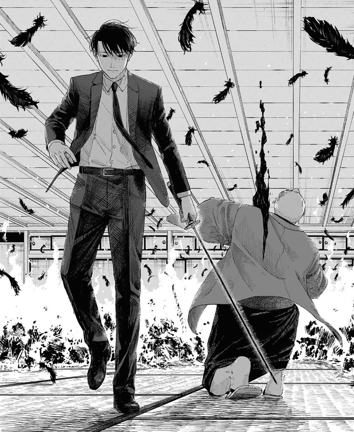 Planche de Roku no Meiyaku&nbsp;: un homme en costume s’éloigne d’un vieil homme à genoux, sous des plumes noires