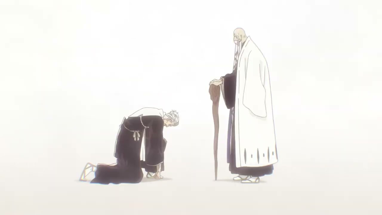 Capture de Bleach TYBW&nbsp;: Sasakibe à genoux s’incline devant Yamamoto, appuyé sur sa canne