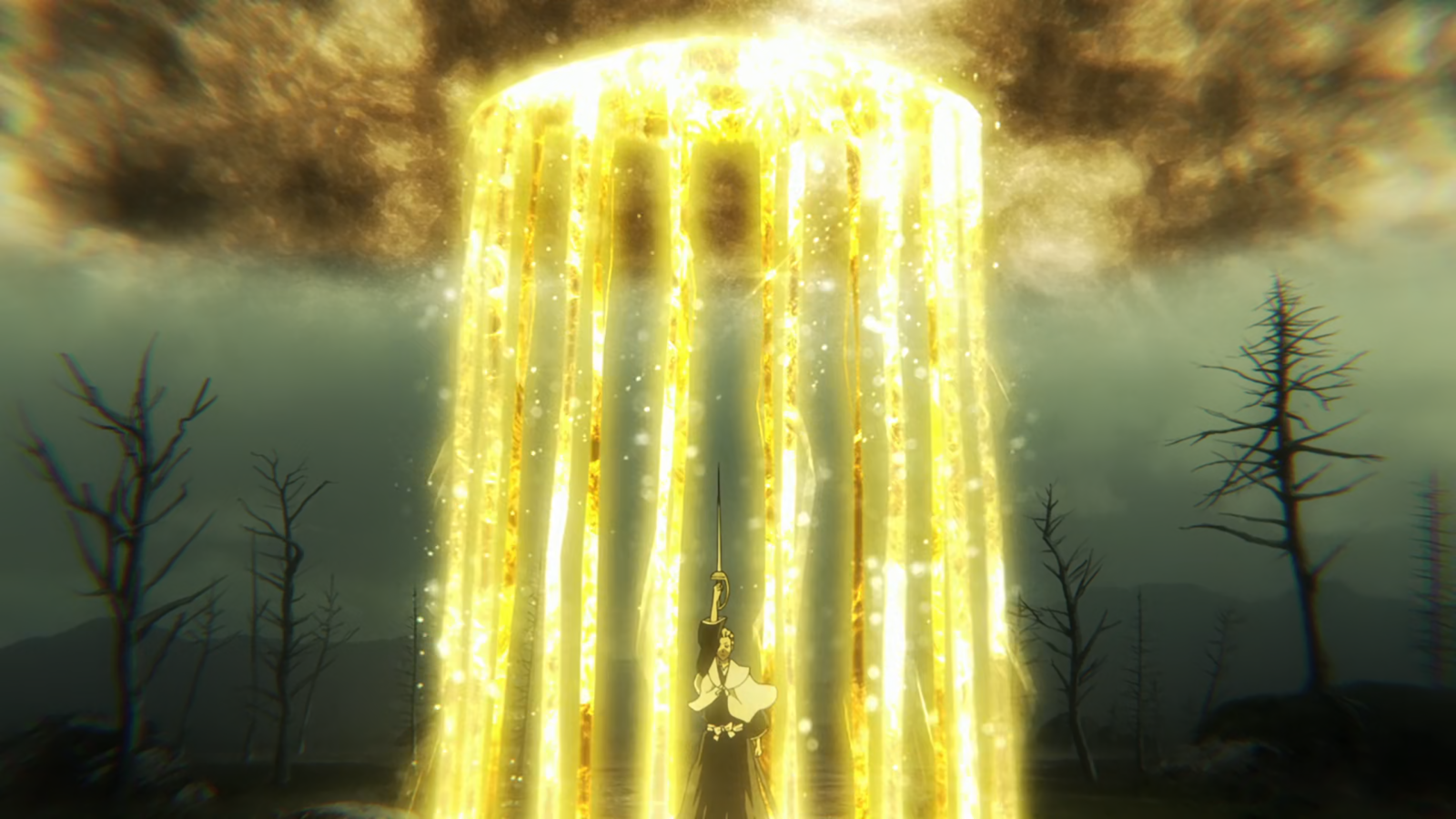 Capture de Bleach TYBW&nbsp;: un shinigami lève son sabre au cœur d’une colonne de lumière dorée