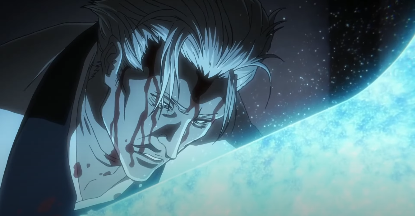 Capture de Bleach TYBW&nbsp;: Sasakibe, le visage en sang, face à une lueur bleutée