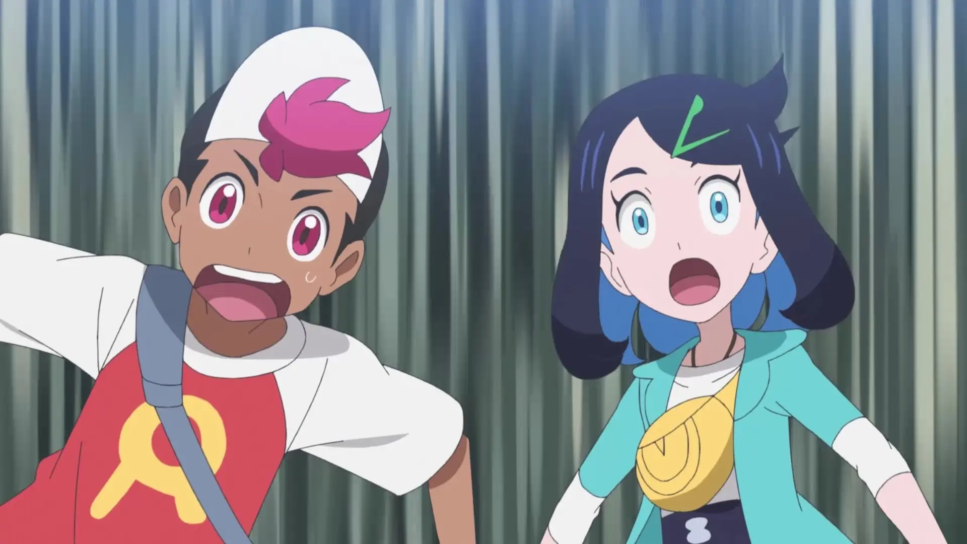 Rhod et Liko, l’air surpris, dans l’anime Pokémon, les horizons