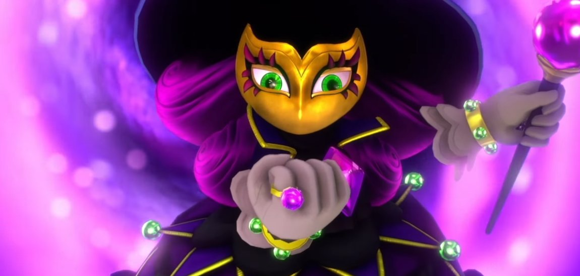 L’antagoniste du jeu, masque doré et sceptre violet, dans un tourbillon de magie