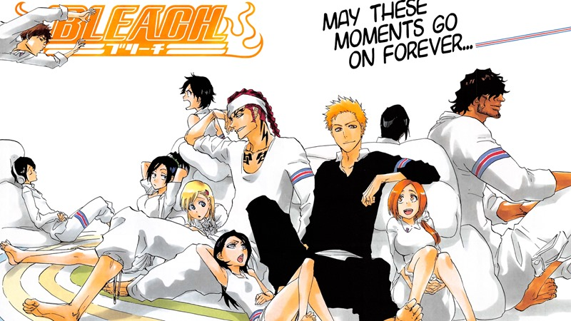 Illustration couleur de Bleach&nbsp;: Ichigo, Rukia, Orihime, Renji et leurs amis réunis en tenue blanche