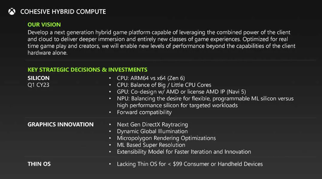 Diapositive interne «&nbsp;Cohesive Hybrid Compute&nbsp;» sur la vision d’une plateforme de jeu hybride client et cloud