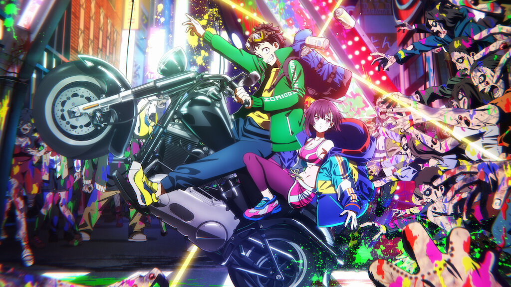 Visuel de ZOM 100&nbsp;: Akira et Shizuka à moto fuient une horde de zombies multicolores