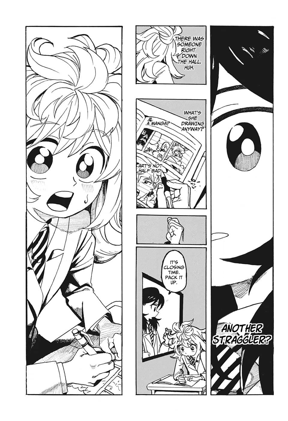 Planche traduite en anglais&nbsp;: une lycéenne surprise en train de dessiner un manga en classe