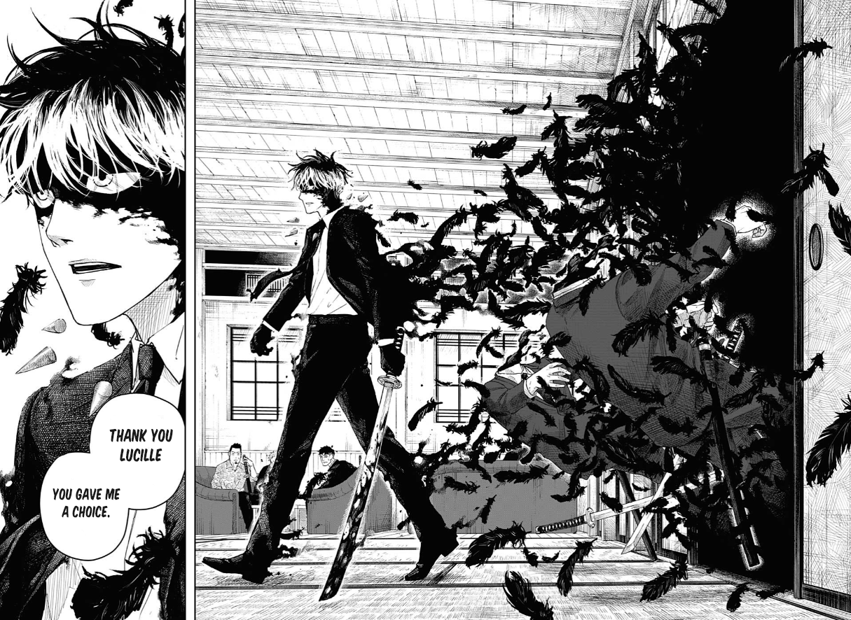 Planche de Roku no Meiyaku&nbsp;: un homme en costume, sabre à la main, avance sous une nuée de plumes noires