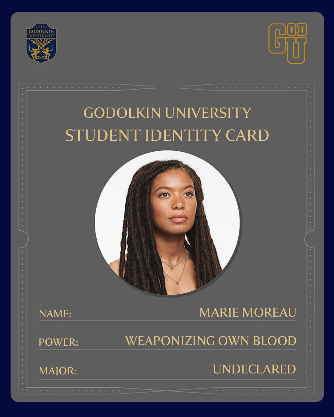 Carte d’étudiante de Godolkin de Marie Moreau, capable de manipuler son propre sang