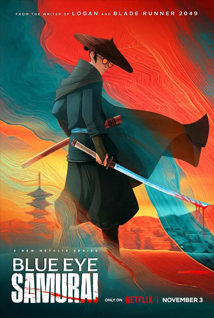 Affiche de Blue Eye Samurai&nbsp;: une samouraï au chapeau conique tient un sabre ensanglanté