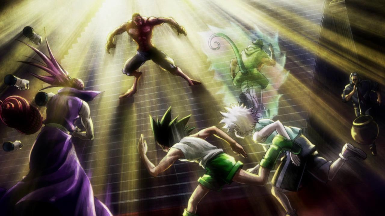 Capture de Hunter x Hunter&nbsp;: Gon et Kirua s’élancent vers Youpi dans l’escalier du palais, sous des rayons de lumière