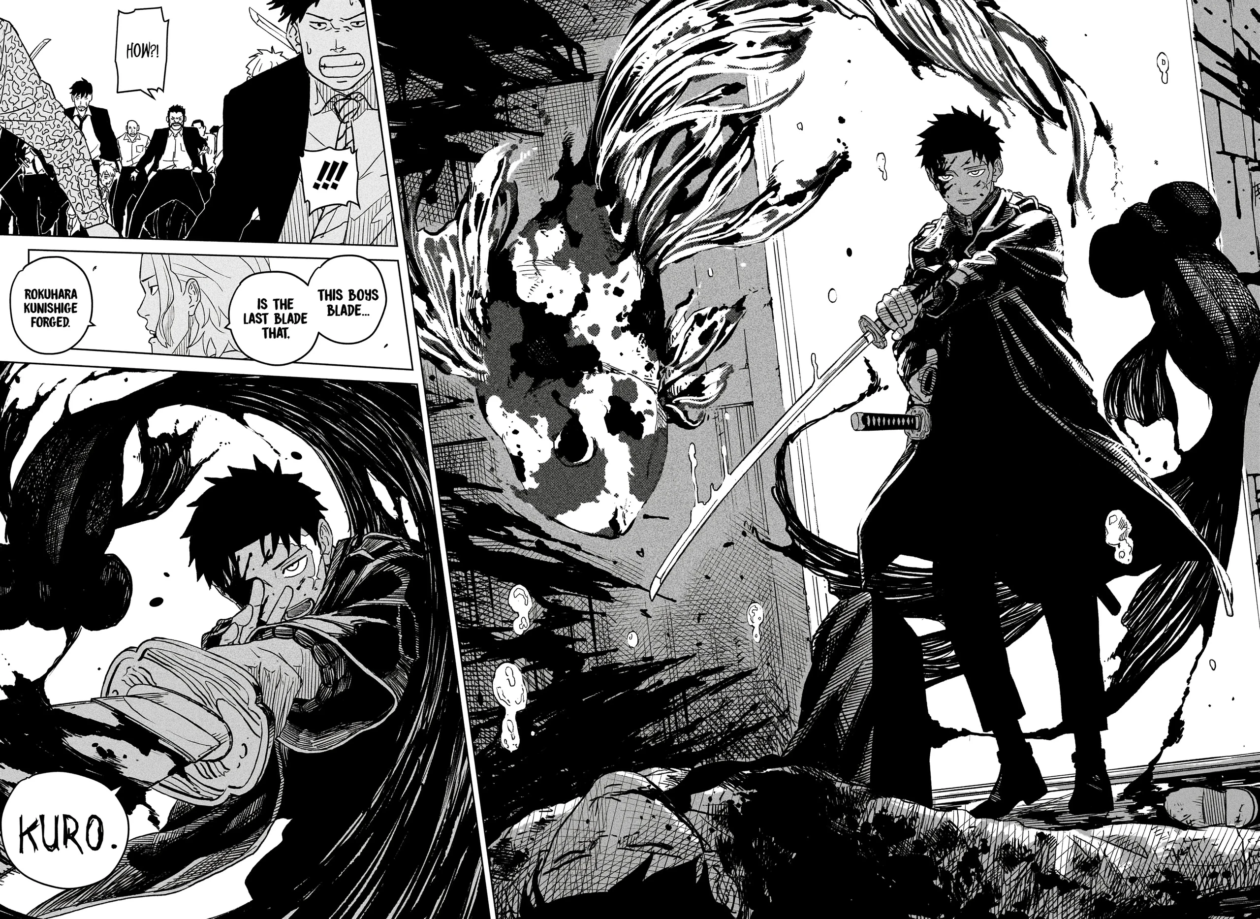 Double page du premier chapitre de Kagurabachi&nbsp;: Chihiro, katana au clair, face à ses adversaires