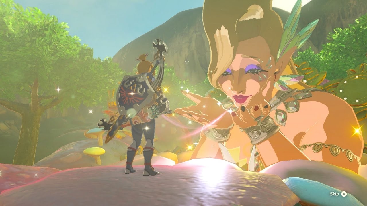 Link face à une grande fée qui lui envoie un baiser à la fontaine