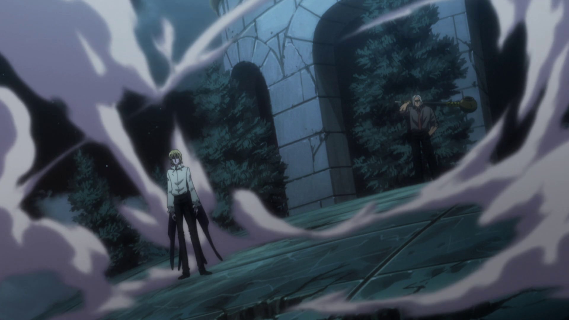 Capture de Hunter x Hunter&nbsp;: Pufu et Morau face à face derrière un rideau de fumée