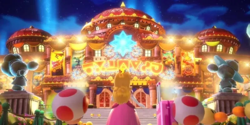 Peach, de dos, face au Théâtre de l’Étincelle illuminé, entourée de Toad