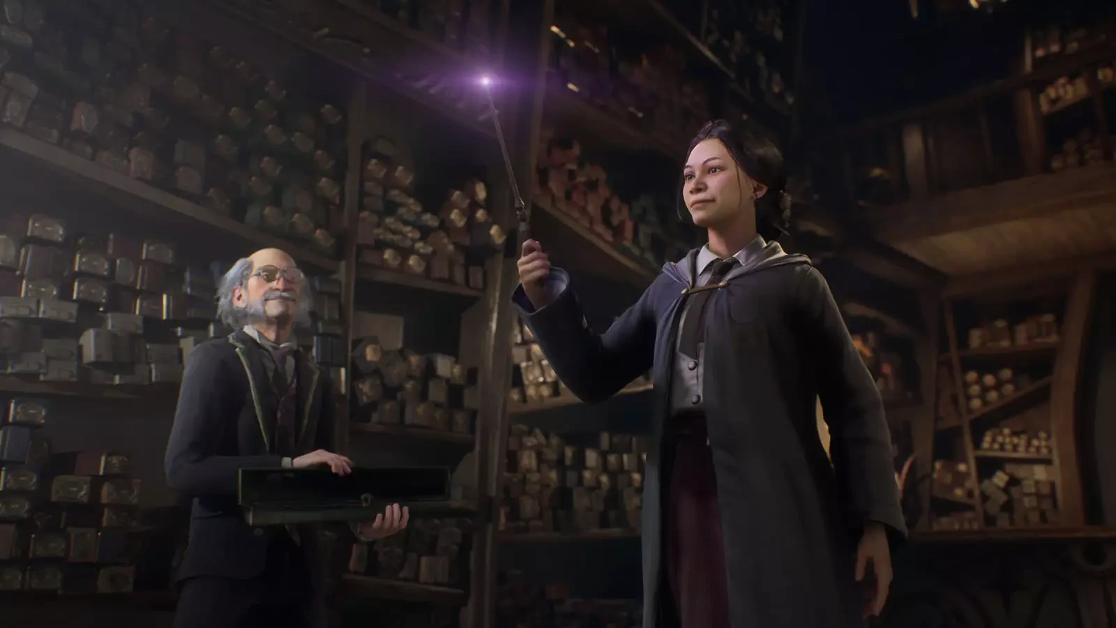 Une élève de Poudlard brandit une baguette lumineuse dans une boutique de baguettes, Hogwarts Legacy