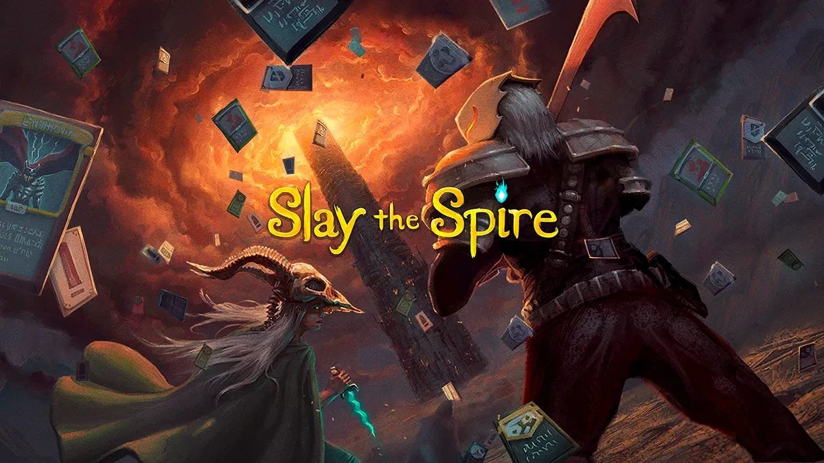 Affiche de Slay the Spire&nbsp;: deux héros devant une tour, entourés de cartes