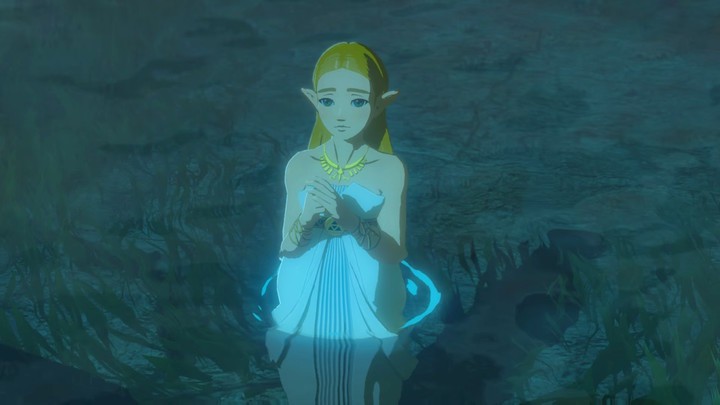 Zelda en robe blanche, mains jointes, priant dans une source