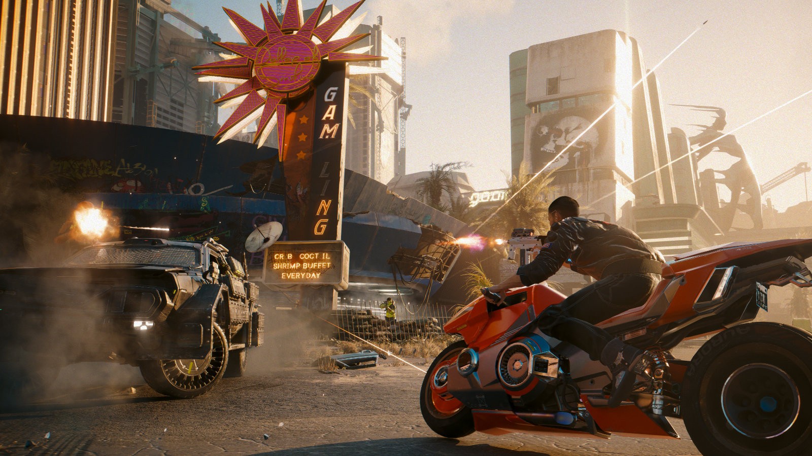 Capture de Cyberpunk 2077&nbsp;: V tire depuis une moto orange sur un véhicule blindé, dans une rue désertique