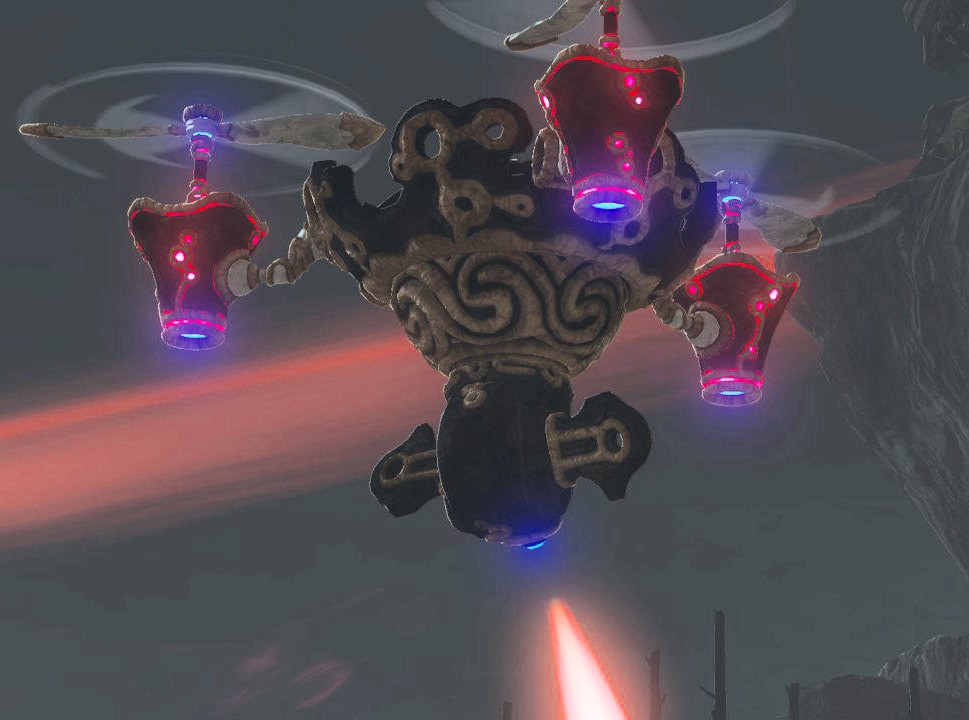 Un Gardien volant à hélices tire des rayons laser rouges