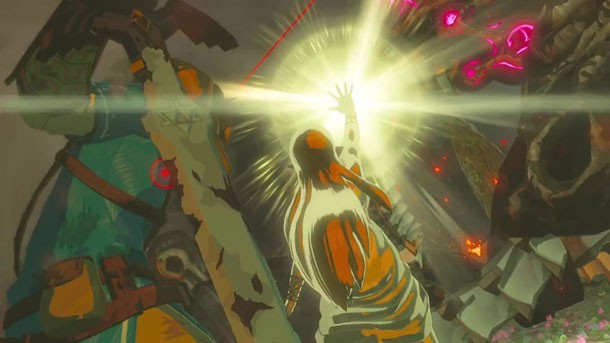 Zelda lève la main et libère une lumière éclatante pour protéger Link face à un Gardien