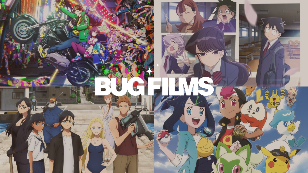 Montage BUG FILMS&nbsp;: visuels de ZOM 100, Komi Can’t Communicate, Summer Time Rendering et Pokémon, les horizons