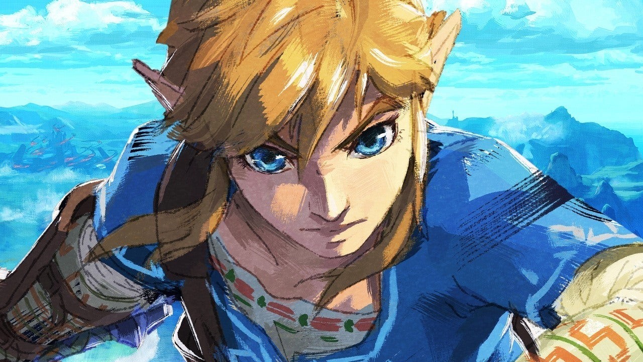 Illustration de Link en gros plan, le regard déterminé, devant un ciel bleu et les plaines d’Hyrule