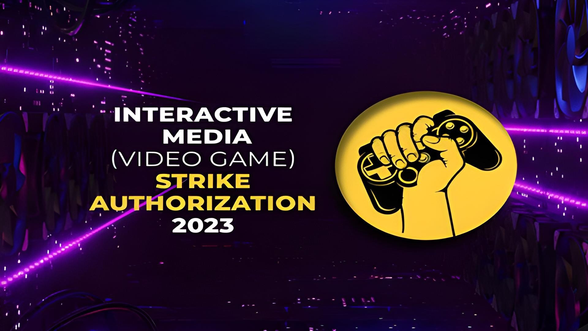 Visuel de la SAG-AFTRA«&nbsp;Interactive Media (Video Game) Strike Authorization 2023&nbsp;», poing serrant une manette