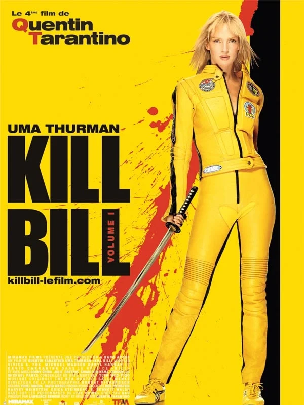 Affiche française de Kill Bill: Volume 1&nbsp;: Uma Thurman en combinaison jaune, katana à la main